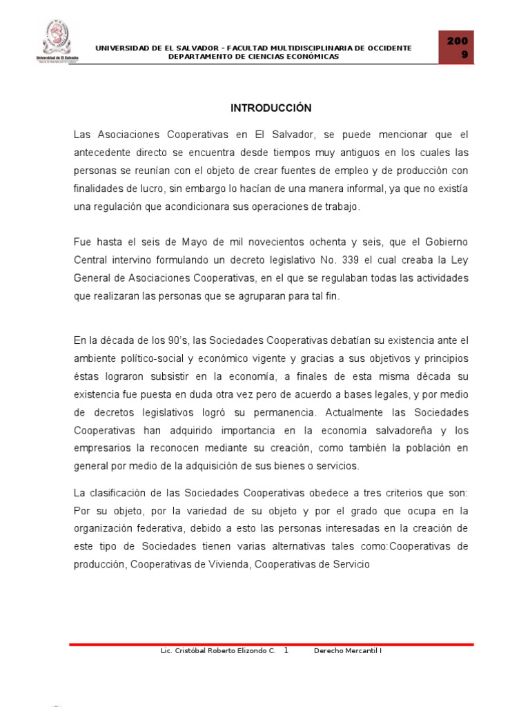 Sociedades Y Asociaciones Cooperativas Cooperativa El Salvador