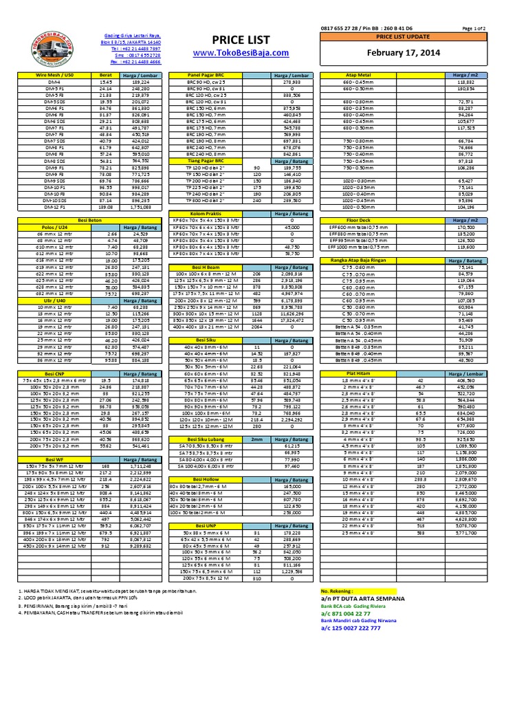  Harga  Besi Baja 17 Februari 2014