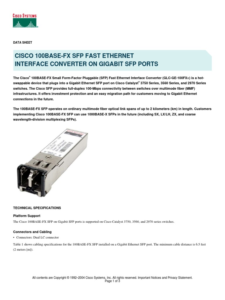 Cisco 100Base-Fx SFP Fast Ethernet Interface Converter On Gigabit SFP ...