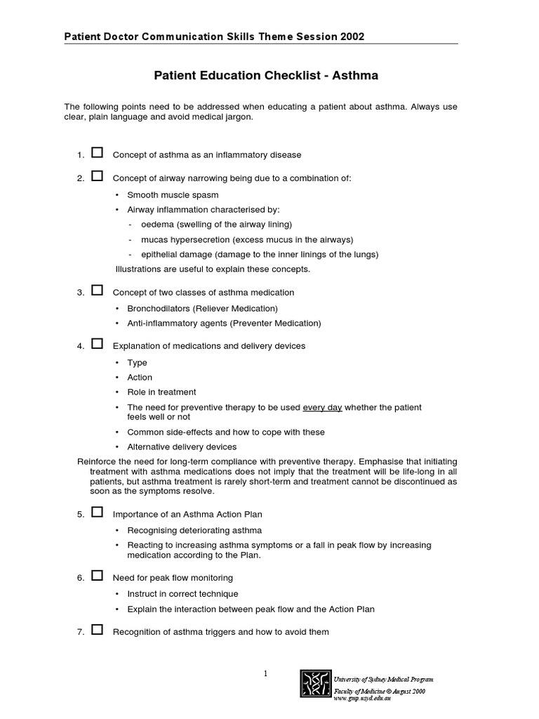 Asthma Patient Education check list Mucus Asthma