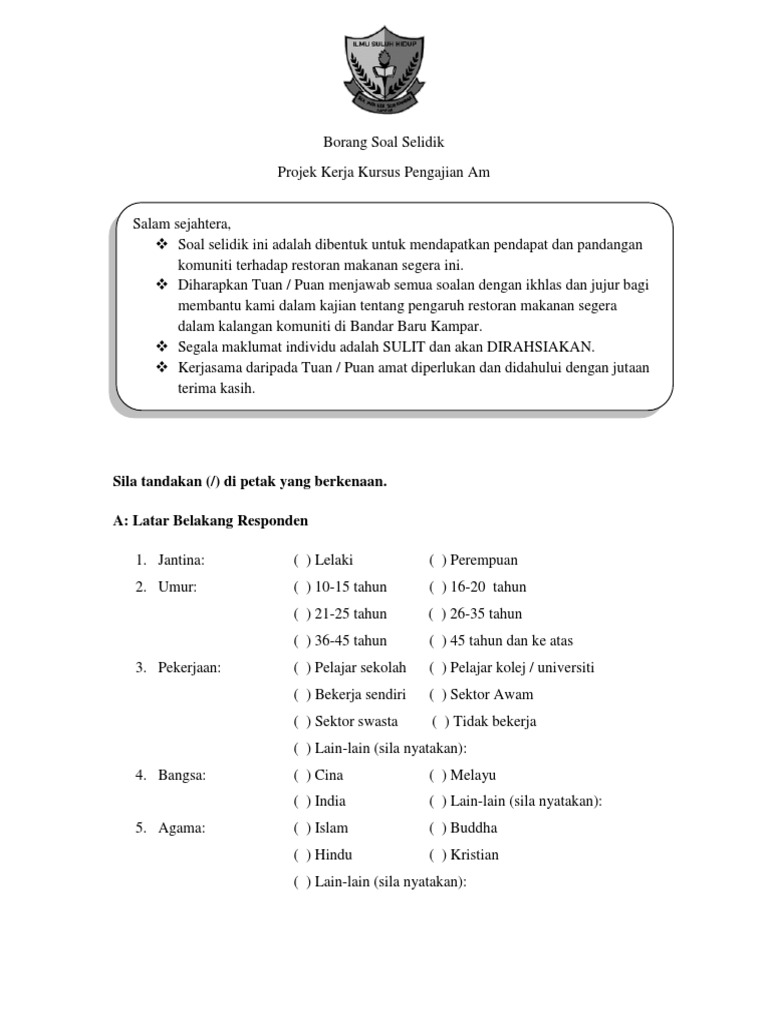 Borang Soal Selidik New Pdf