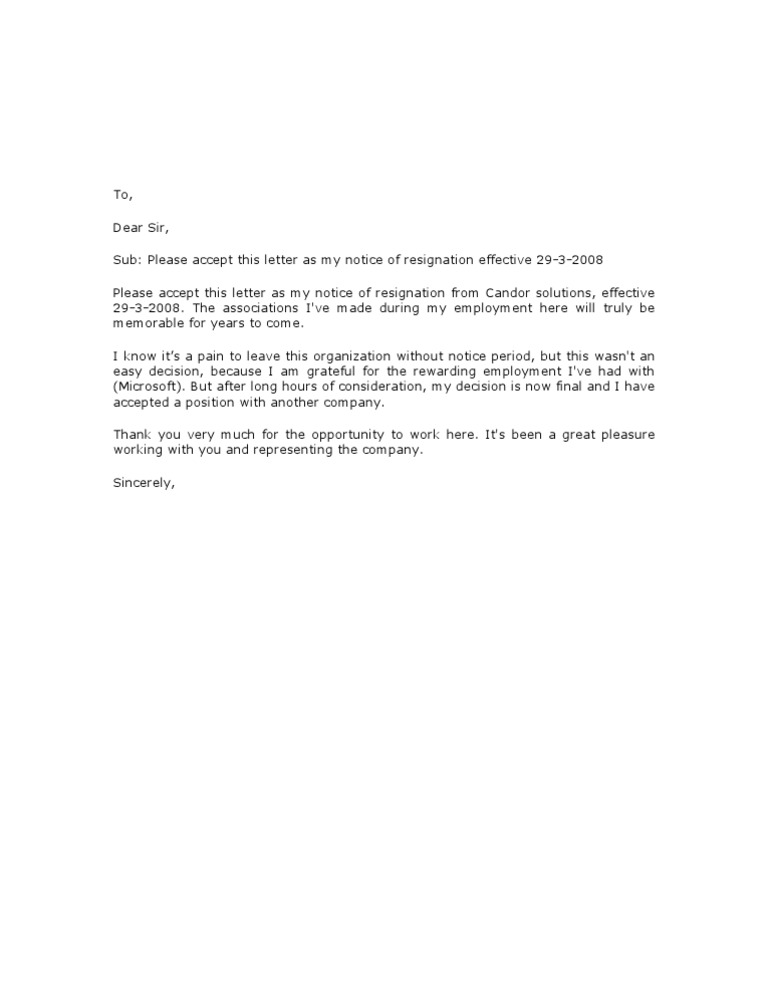 Resignation Letter Without Notice Period Database Letter Template