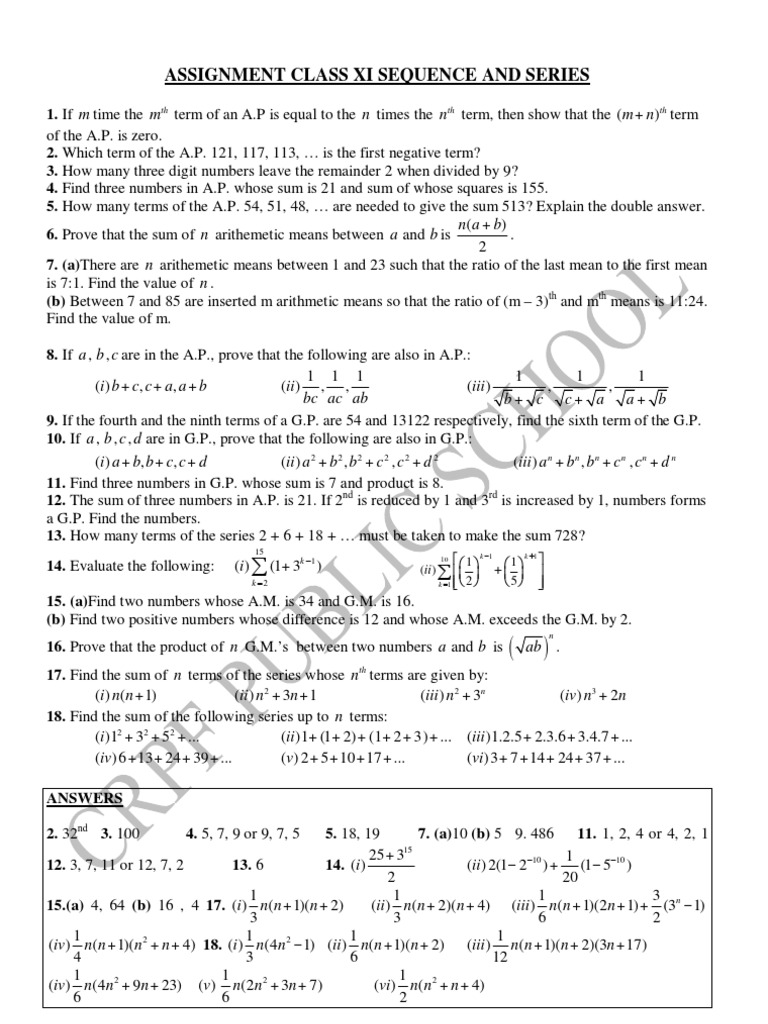 Class 11 Sequence and Series Assignment | PDF | Summation | Arithmetic