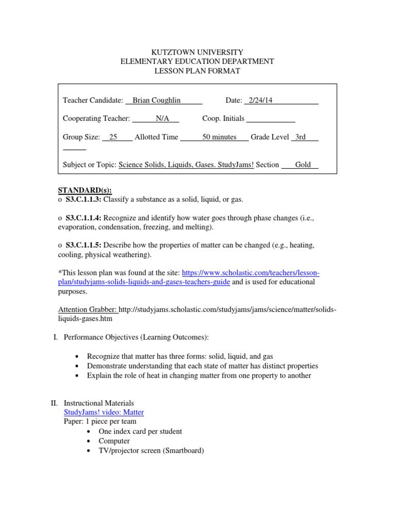 lesson plan solids liquids gases Liquids Lesson Plan
