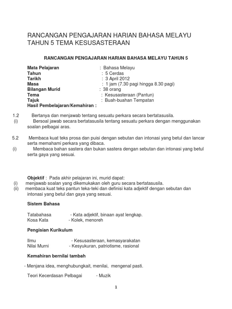 Rancangan Pengajaran Harian Bahasa Melayu Tahun 5 Tema Kesusasteraan Pdf