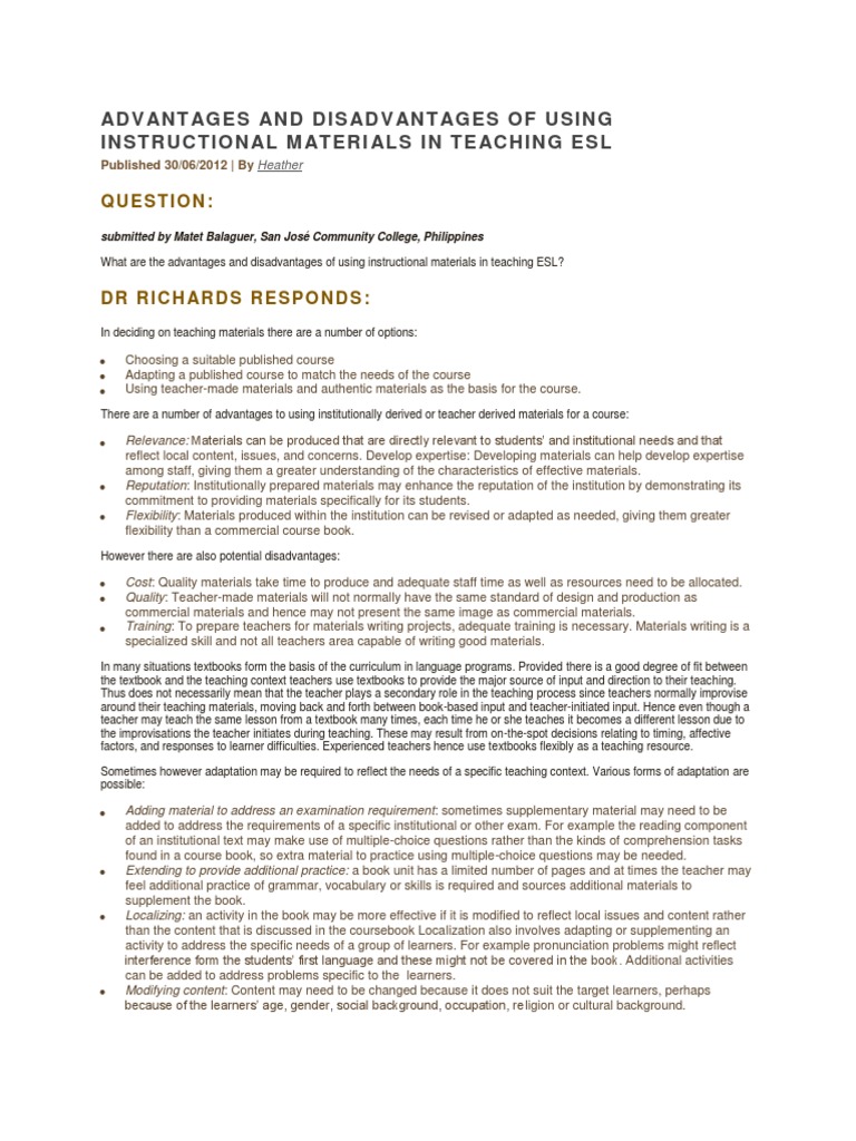Advantages and Disadvantages of Using Instructional Materials in