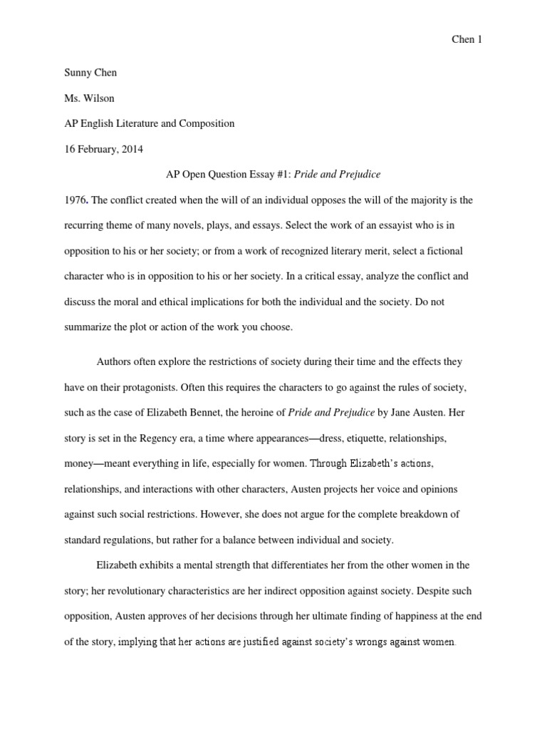 Austen Ap Open Question Essay 1 Pride And Prejudice Society