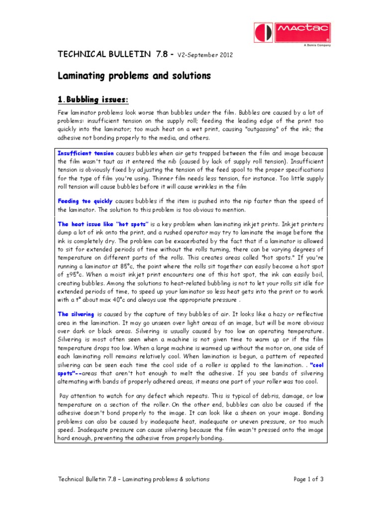 Technical Bulletin 7 8 Laminating Problems Solutions PDF Lamination