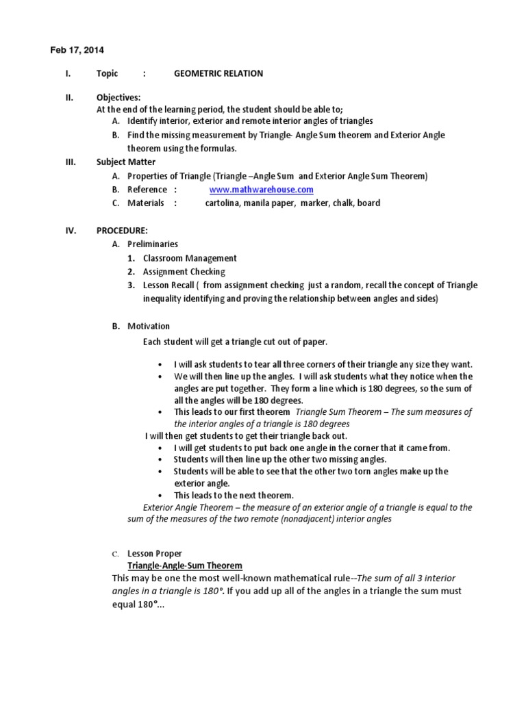 lesson plan in properties of triangle Triangle Angle