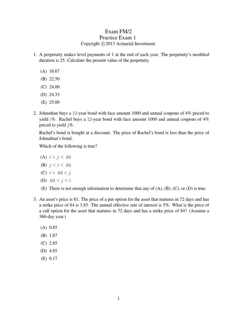 Exam FM Practice Exam 1 | PDF | Bonds (Finance) | Present Value
