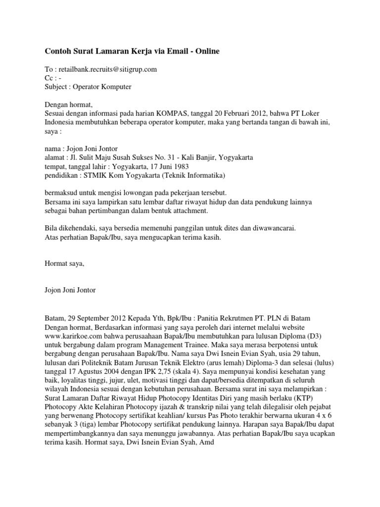 Contoh Surat Lamaran Kerja Via Email Pdf