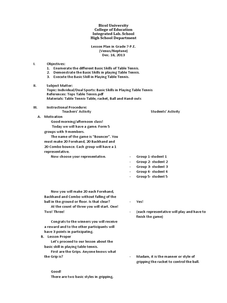 Lesson Plan Table Tennis Individual Sports