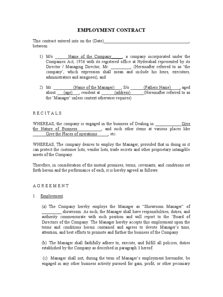 Manager Employment Contract Template | PDF | Board Of Directors ...