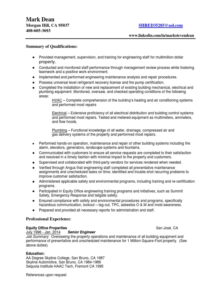 Senior Building Stationary Engineer in San Jose CA Resume Mark Dean