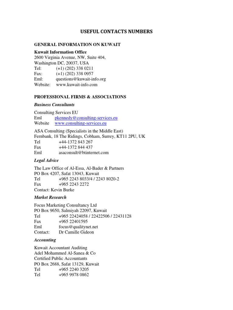 Useful Contact Numbers Kuwait Kuwait United Kingdom