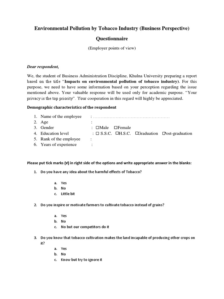 Questionnaire Air Pollution Natural Environment