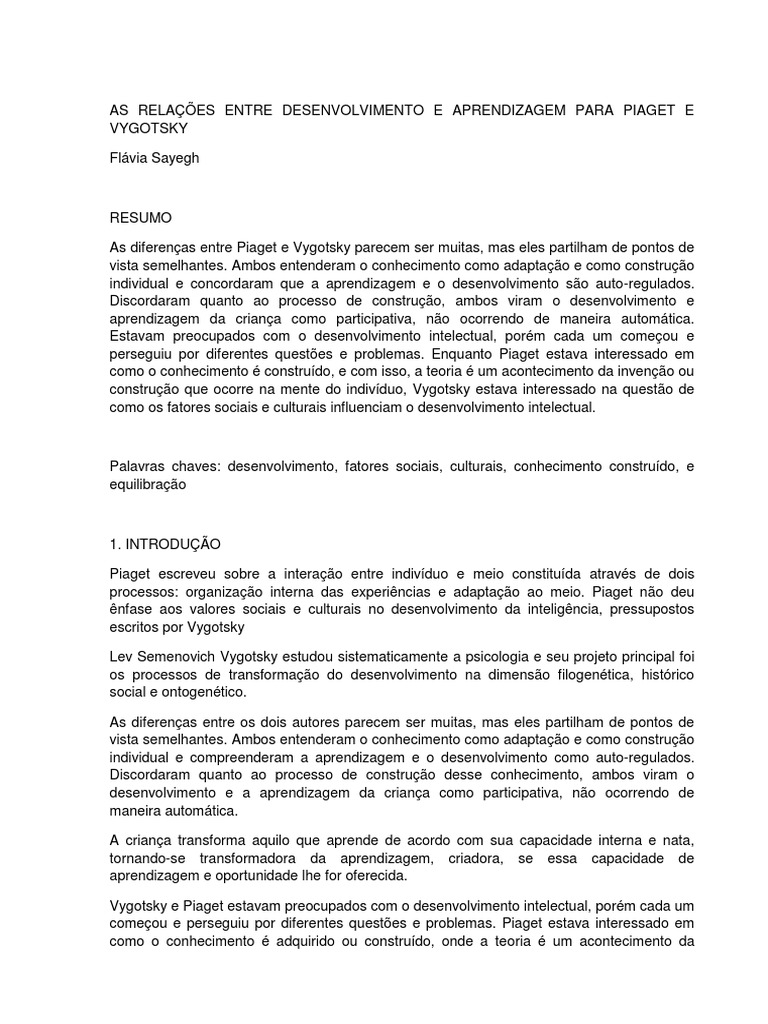 Desenvolvimento e Aprendizagem: Piaget e Vygotsky | PDF | Aprendizado ...