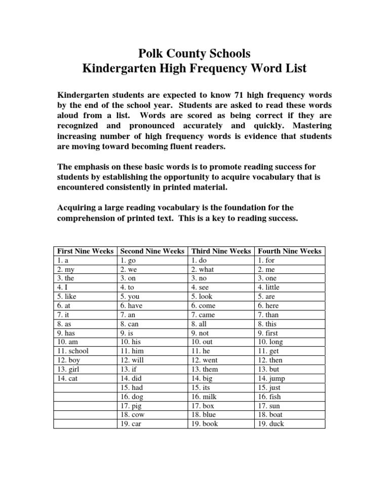 Polk County Schools Kindergarten High Frequency Word List Vocabulary Reading Comprehension