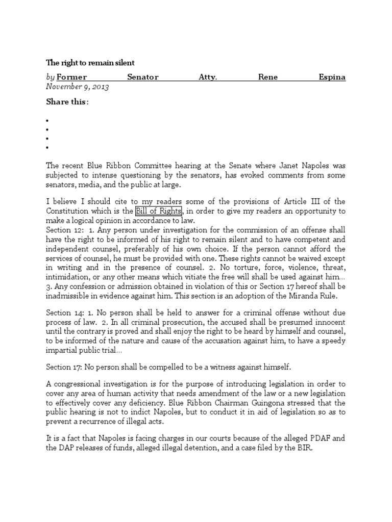 Right to remain silent under the Constitution | PDF | Miranda Warning ...