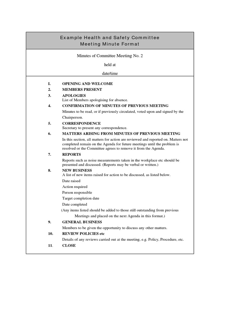 Example Health and Safety Committee Meeting Minute Format Meeting