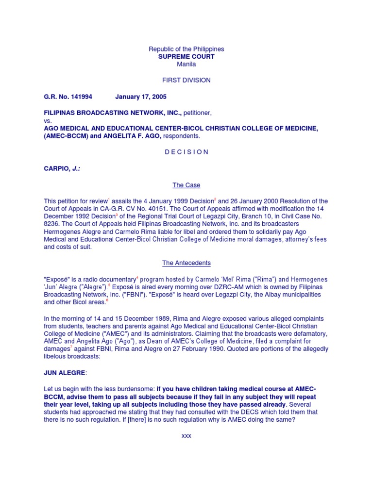 Filipinas Broadcasting Network Inc. v. Ago Medical and Educational