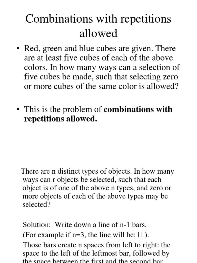 Combinations With Repetitions Allowed PDF Equations Mathematical