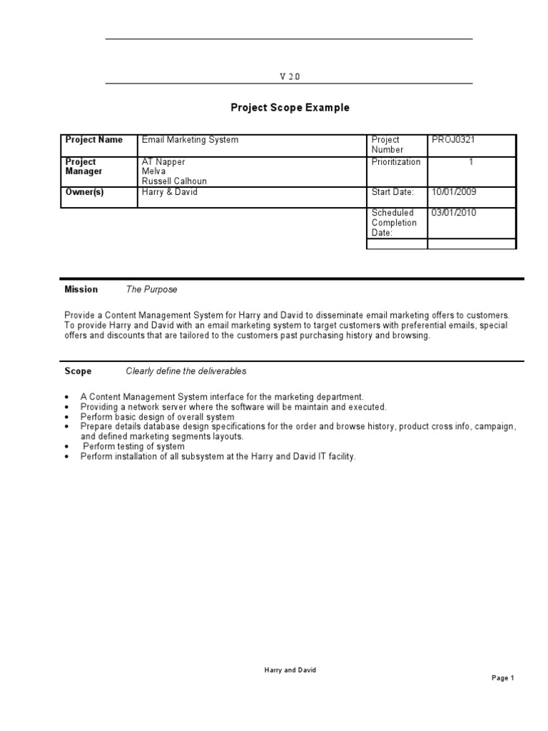 Project Scope Example: Project Name Project Manager Owner(s) | PDF ...
