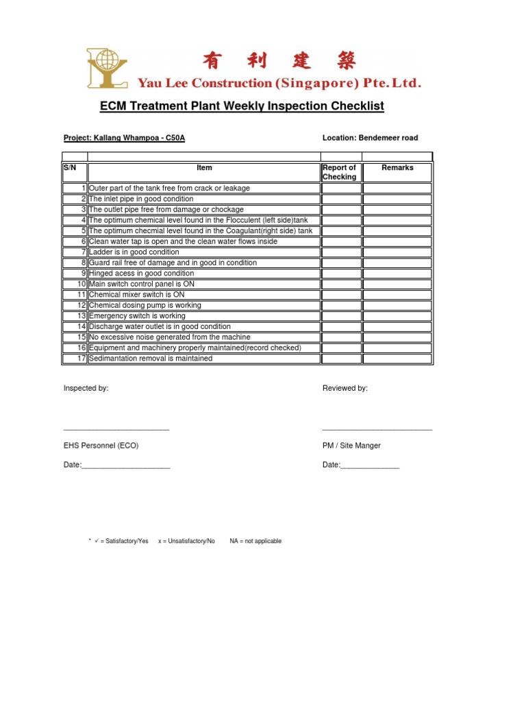ECM Treatment Plant Weekly Checklist | PDF