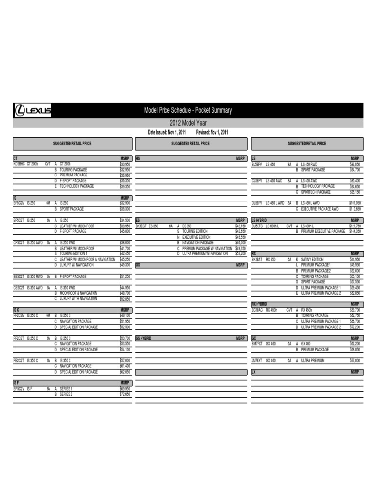 2012 Lexus Model Pricing Summary | PDF | Technology & Engineering