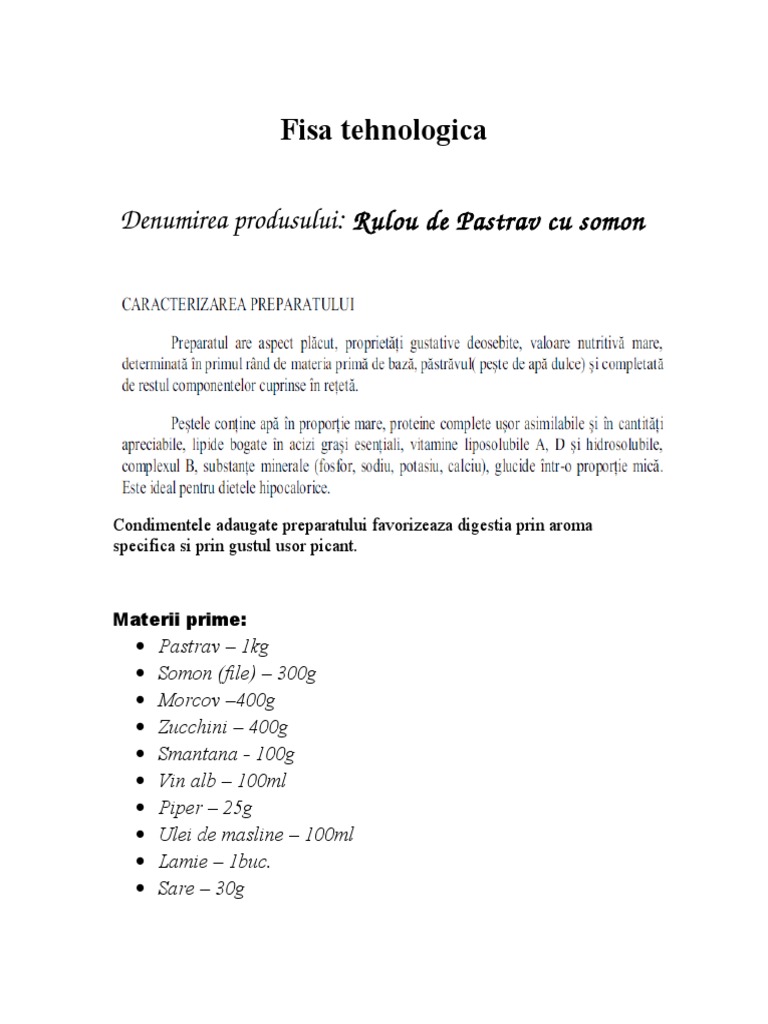 Fisa Tehnologica Preparat Rulou de Pastrav Pe Pat de Legume | PDF
