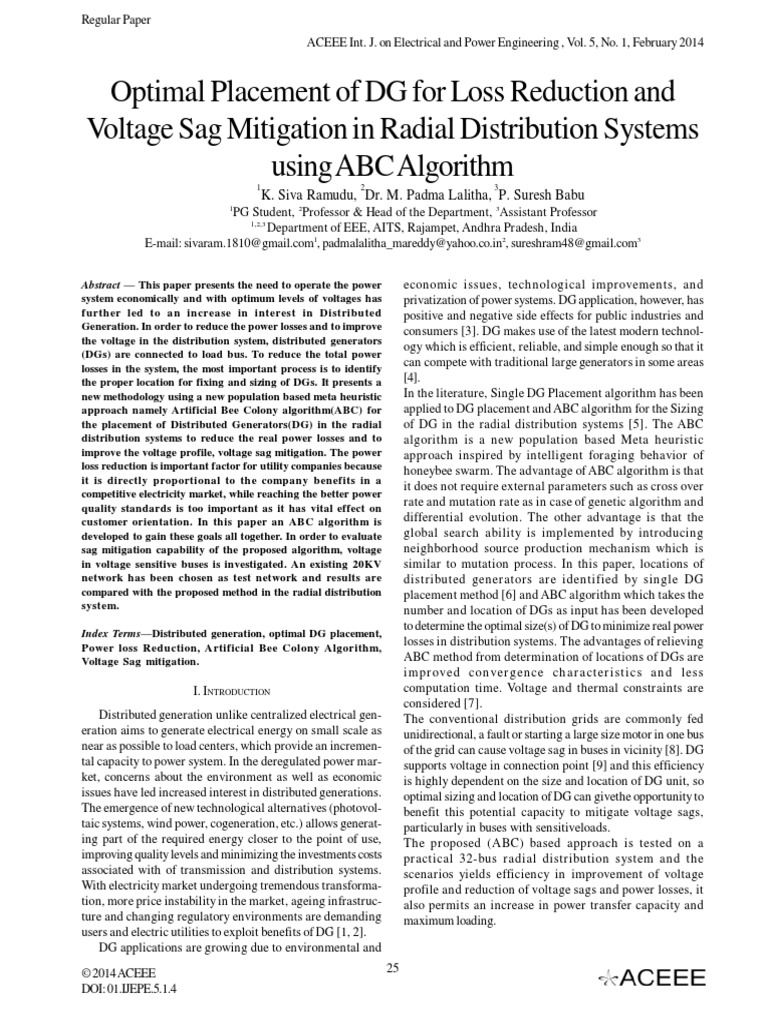 Optimal Placement of DG For Loss Reduction and Voltage Sag Mitigation ...
