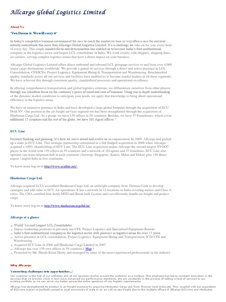 Allcargo Global Logistics Overview | PDF | Cargo | Containerization