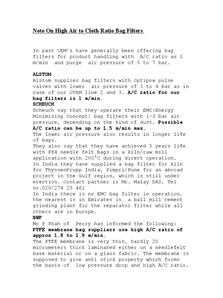 High Air to Cloth Ratio Bag Filter Materials Chemistry