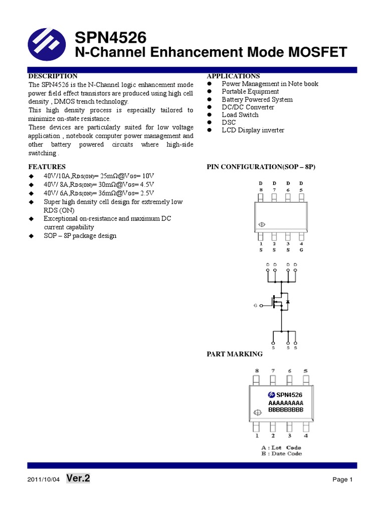 SPN4526 U4 | PDF | Field Effect Transistor | Mosfet