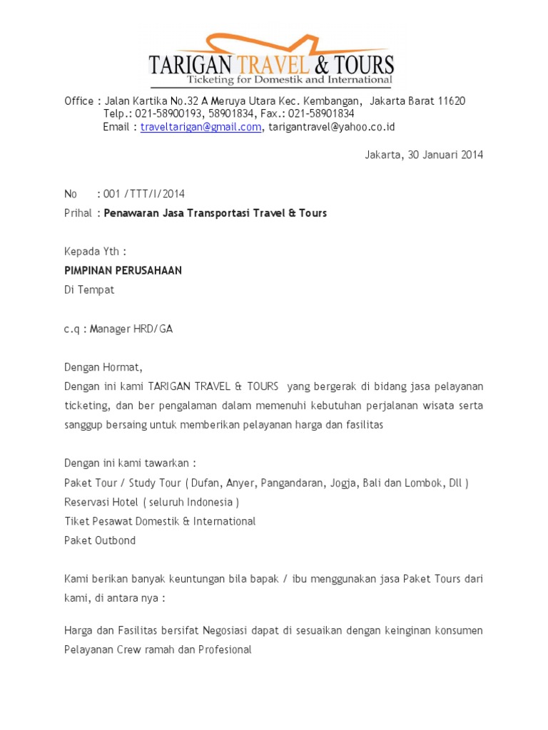 Contoh Surat Kerjasama Travel Agent