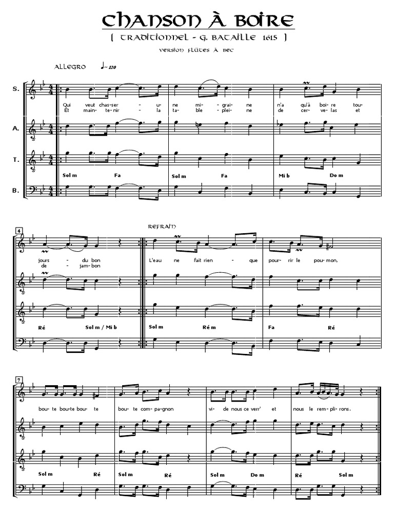 Musique Renaissance Chanson à Boire G.Bataille 4 flutes à bec [SATB]