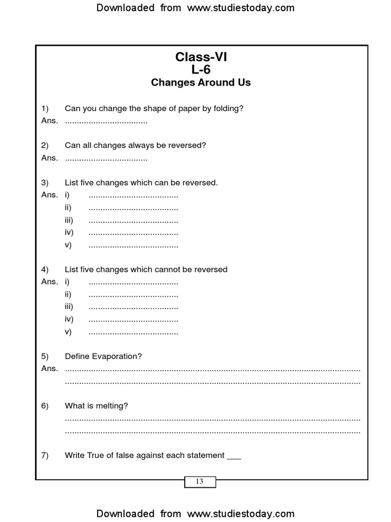 Class Vi English Worksheet