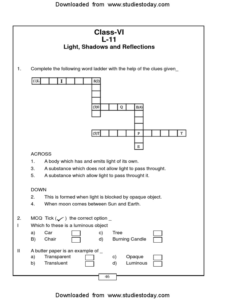 worksheet Light Worksheet cbse class 6 light shadows and reflections worksheet