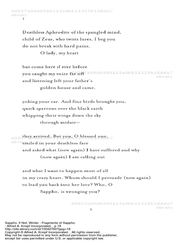 If Not Winter Fragments Of Sappho 18 To 25 PDF Copyright All