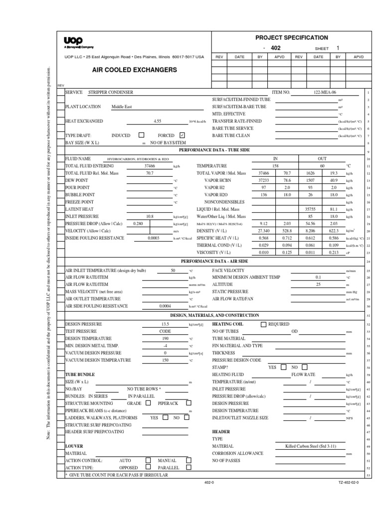 Air Cooler Data Sheet Heat Exchanger Pipe (Fluid Conveyance)