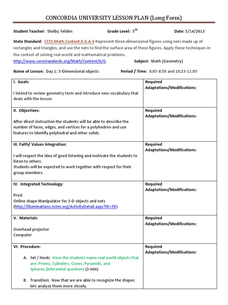 Concordia University Lesson Plan (Long Form) : CCSS - Math.Content.6.G ...