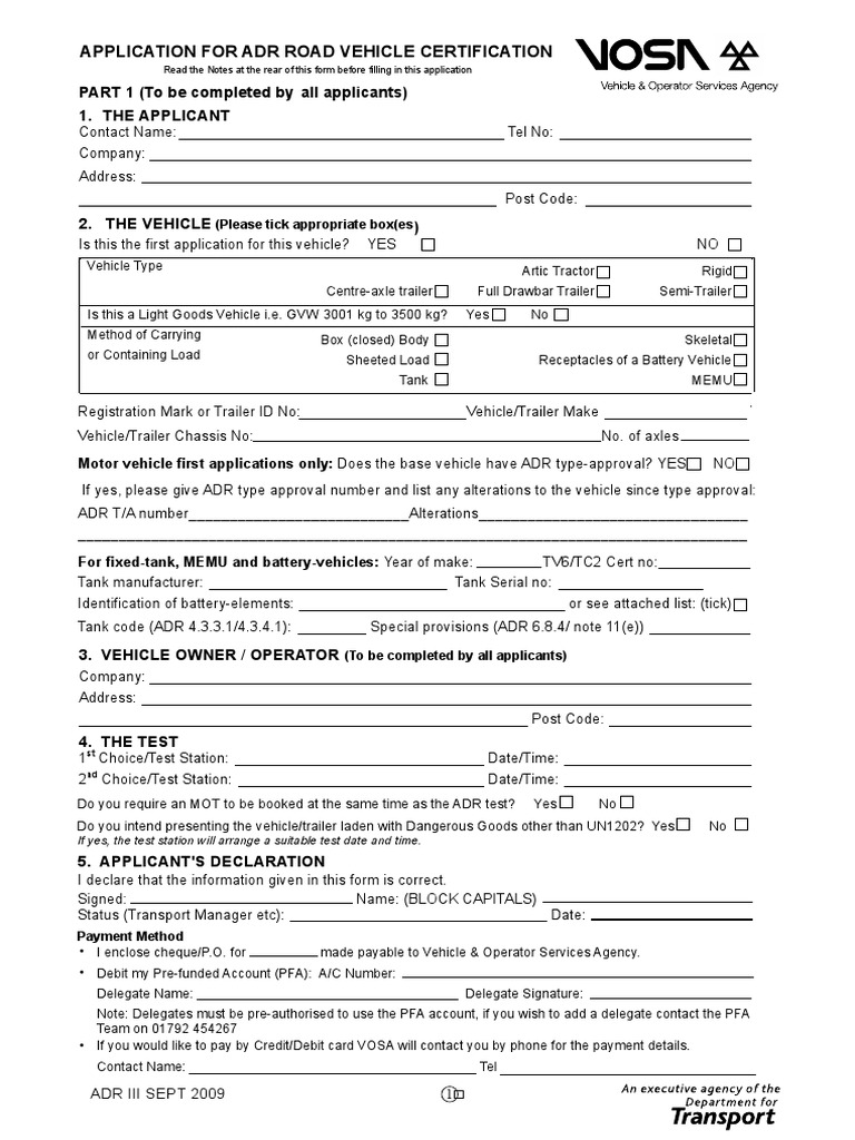 ADR III Road Vehicle Certification Approval 1009 1 Trailer (Vehicle