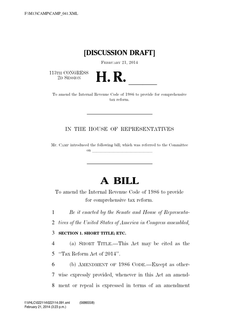 Statutory Text Tax Reform Act of 2014 Discussion Draft | PDF | Tax  Deduction | Taxation In The United States