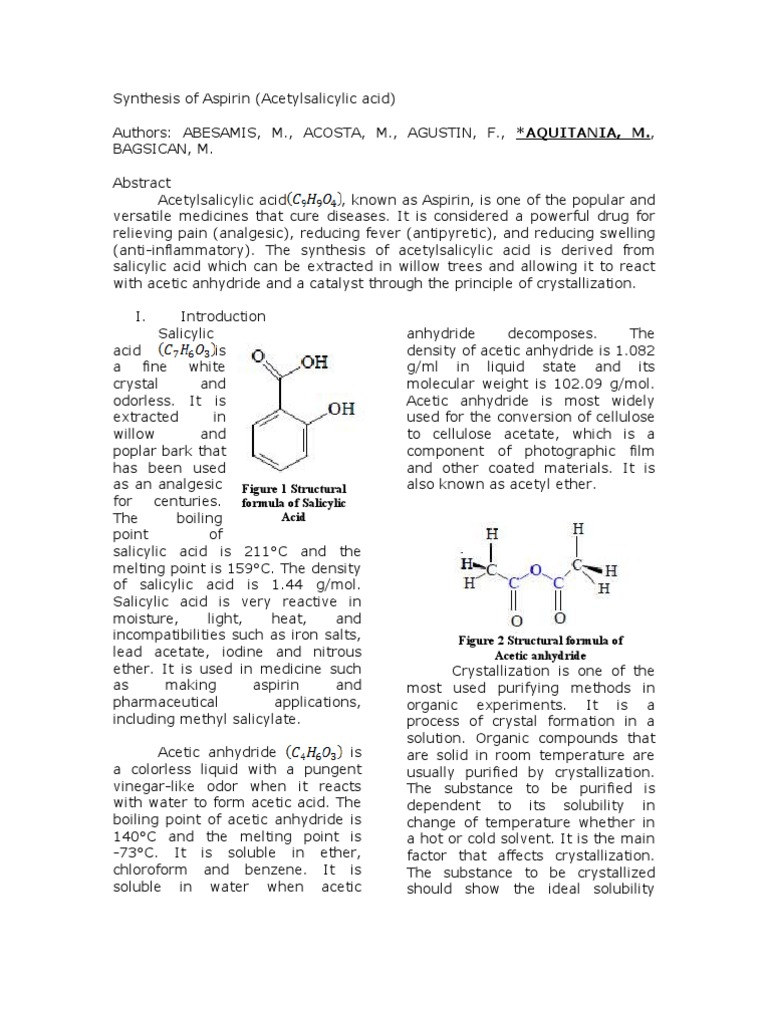 Synthesis of Aspirin (2EMT Group 1, 2009) Aspirin