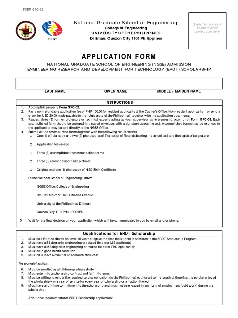 Application Form: National Graduate School of Engineering | PDF ...