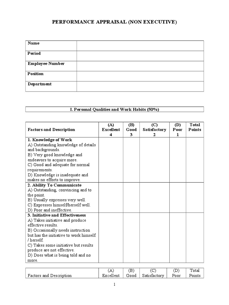 Employee Appraisal Form Non Executive | Accountability | Business