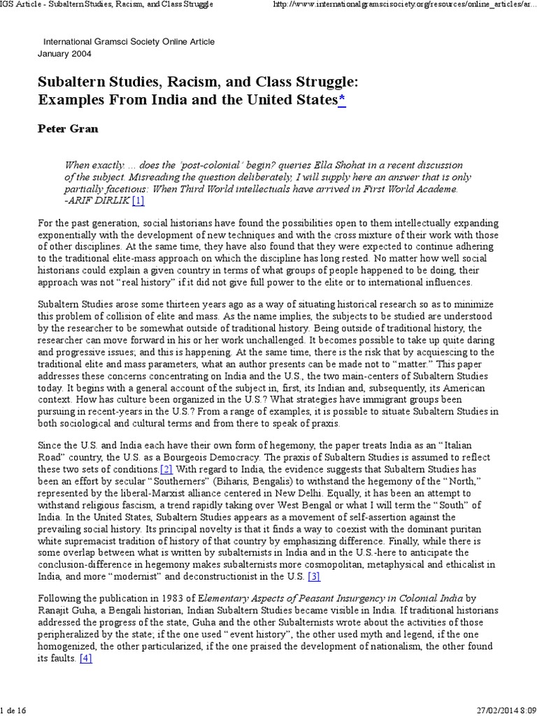 Subaltern Studies, Racism, and Class Struggle: Examples  