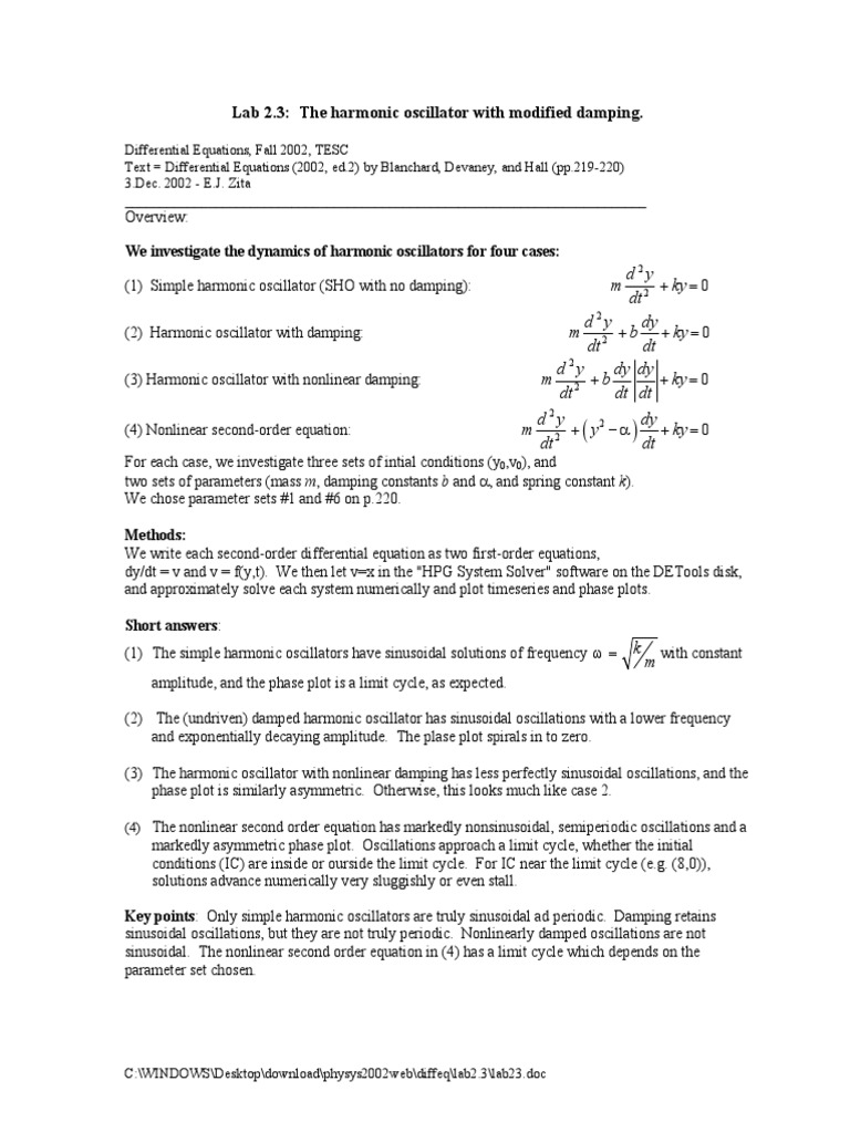 The Harmonic Oscillator With Modified Damping PDF System Equations
