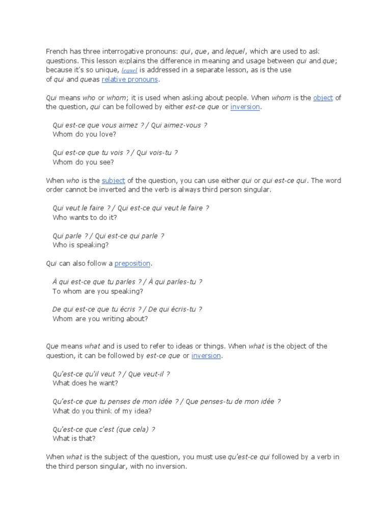 French Interrogative Pronouns Pdf
