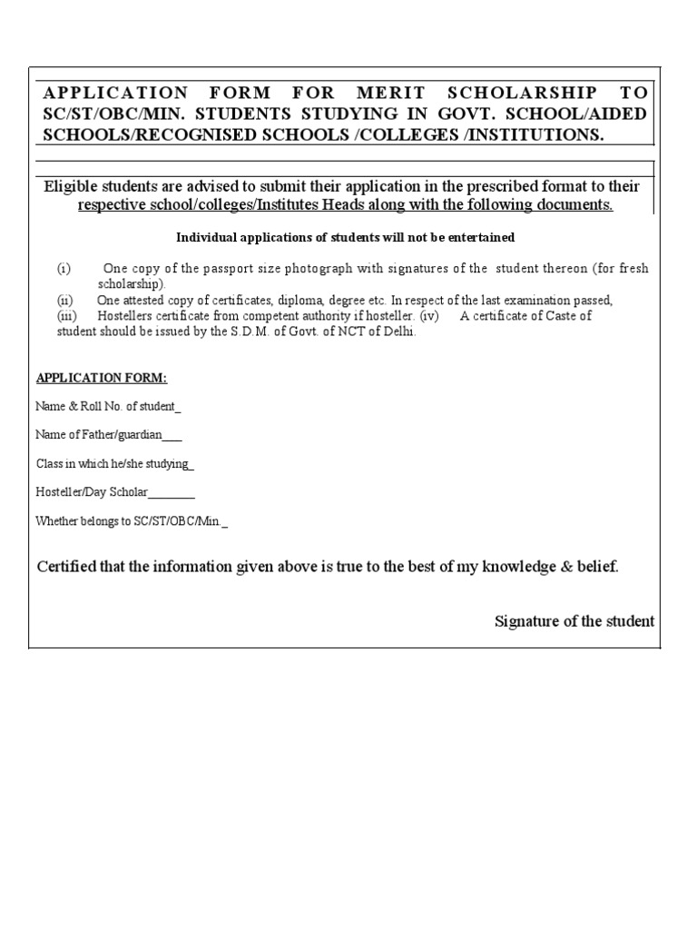 Application Form For Merit Scholarship To SC | PDF | Government